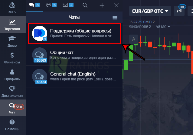 Чат поддержки в Pocket Option