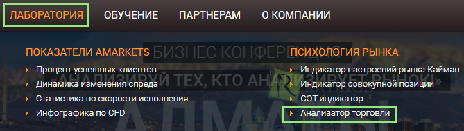 Где находится анализатор торговли на сайте компании AMarkets