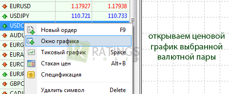 Открытие ценового графика выбранной валютной пары