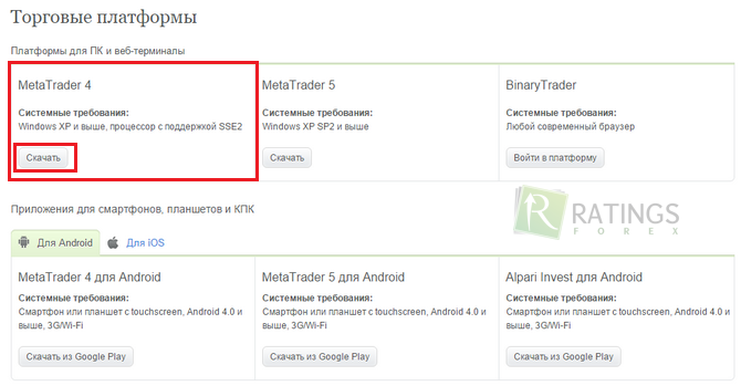 Скачивание терминала MetaTrader у Альпари